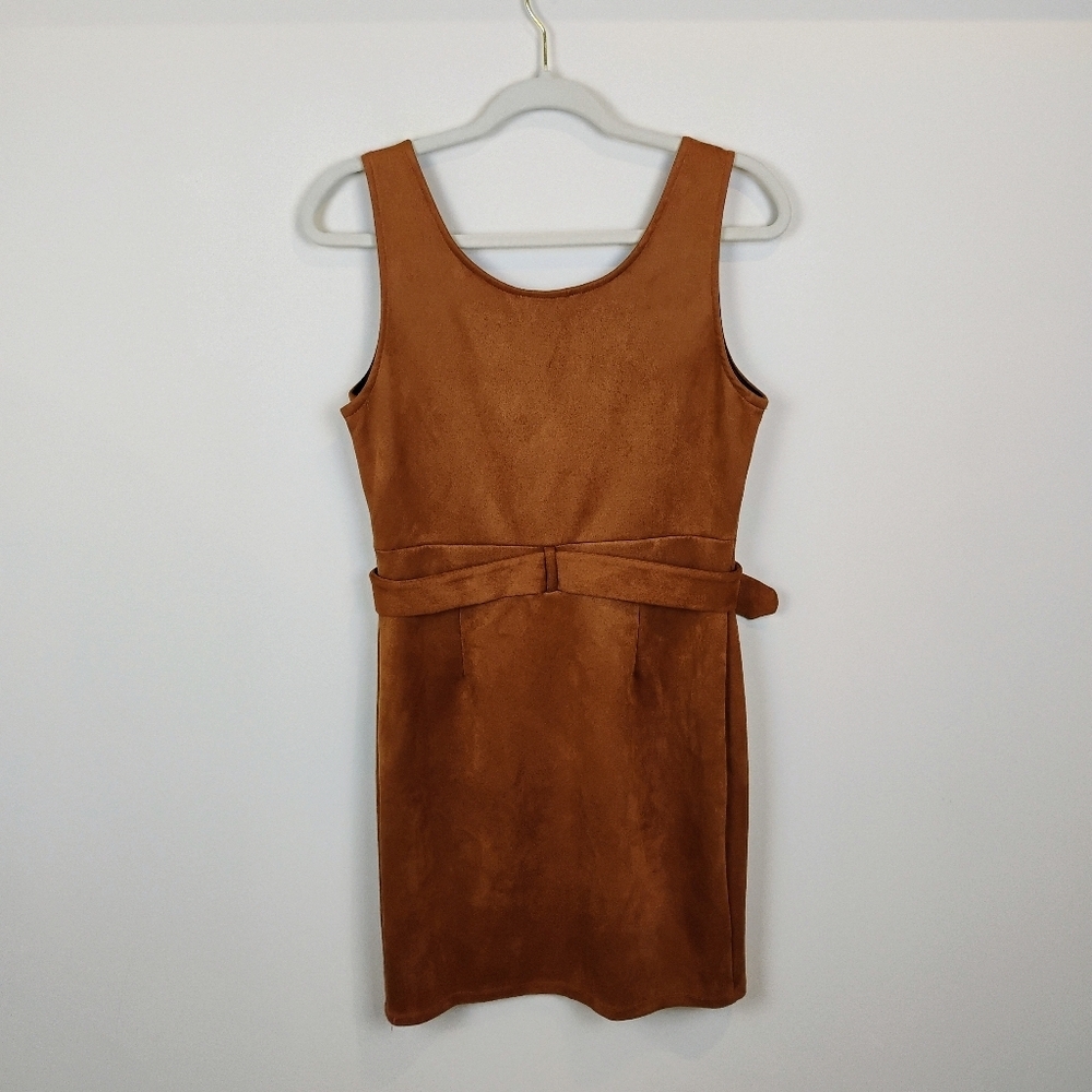 Haute Monde Sleeveless Mini Sheath Dress Size L (Jrs) Cinnamon Brown Faux Suede - Picture 12 of 13